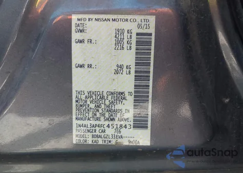 2015 Nissan Altima 2.5/2.5 S/2.5 Sl/2.5 Sv from USA, damaged, VIN 1N4AL3AP4FC451843